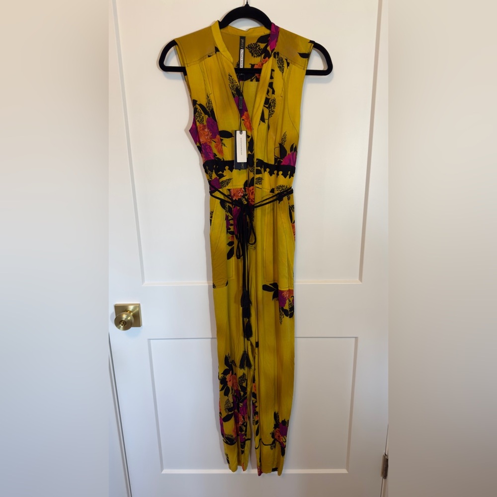 Anthropologie Mustard Yellow Floral Jumpsuit with Pink & Black Accents - Picture 2 of 7
